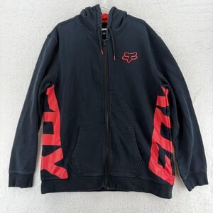 Fox Racing Hoodie Mens 2XL Black Red Full Zip Fleece Motocross Sweatshirt VTG
